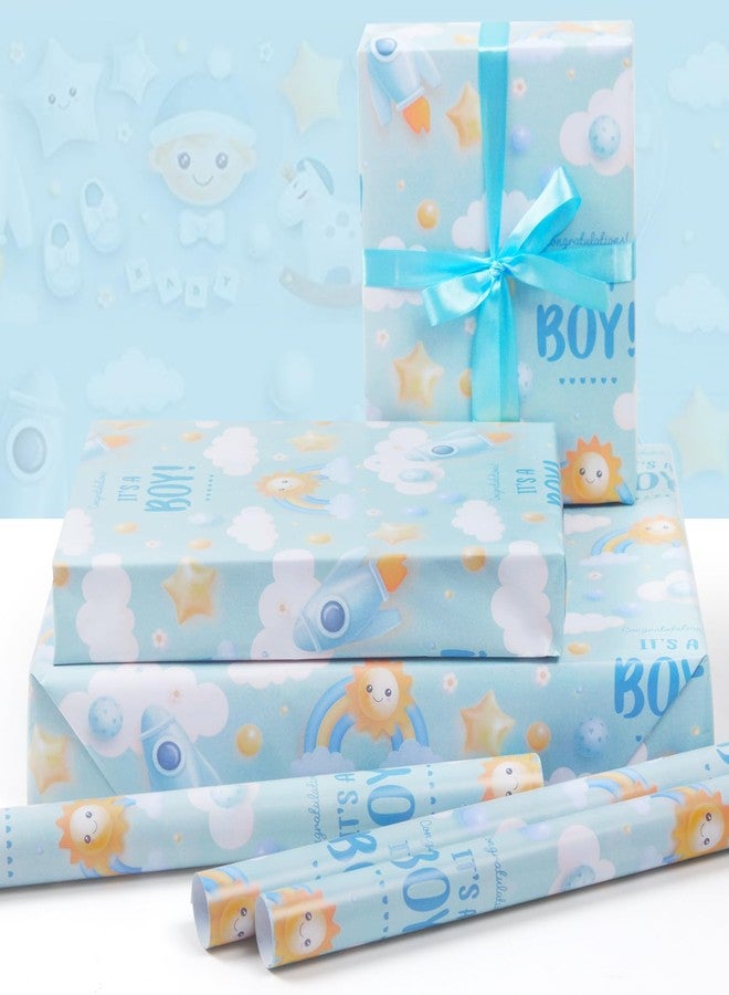 AirCool It's a Boy Wrapping Paper for Newborn baby boy Kids, Light Blue Gift Wrap Paper,6 Sheets Folded Flat 20x28 inches per Sheet with Ribbon for Baby Shower Birthday Celebration Gift Wrap - Image 3